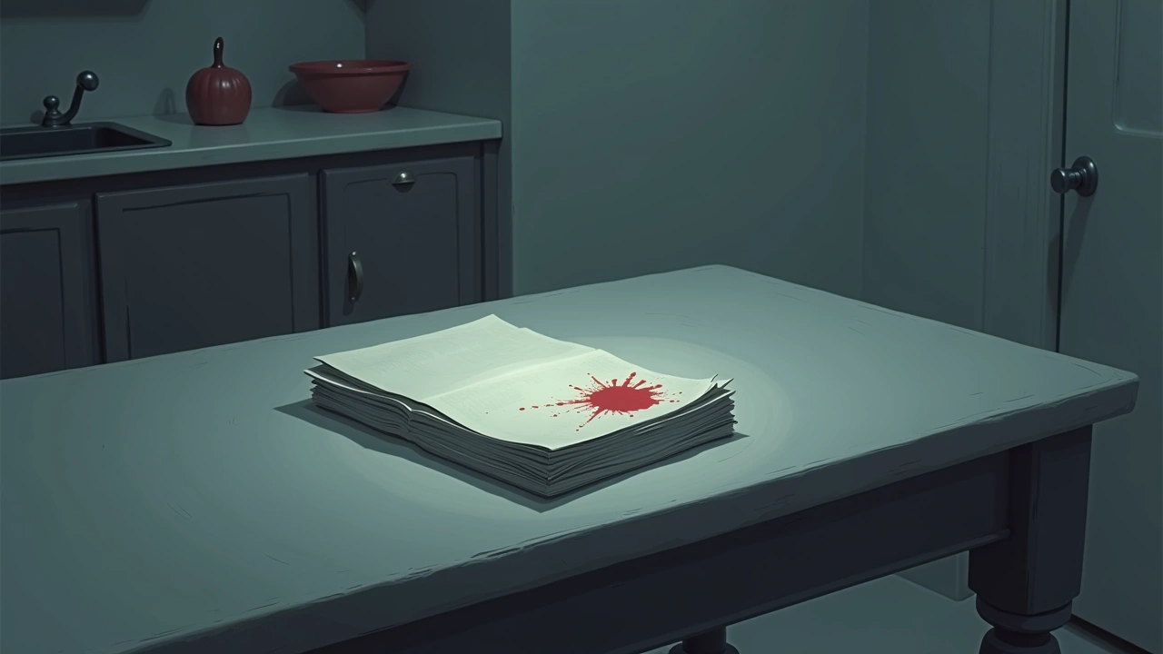 Illustration: a stack of old legal papers on a kitchen table, one marked with a small dried red stain.