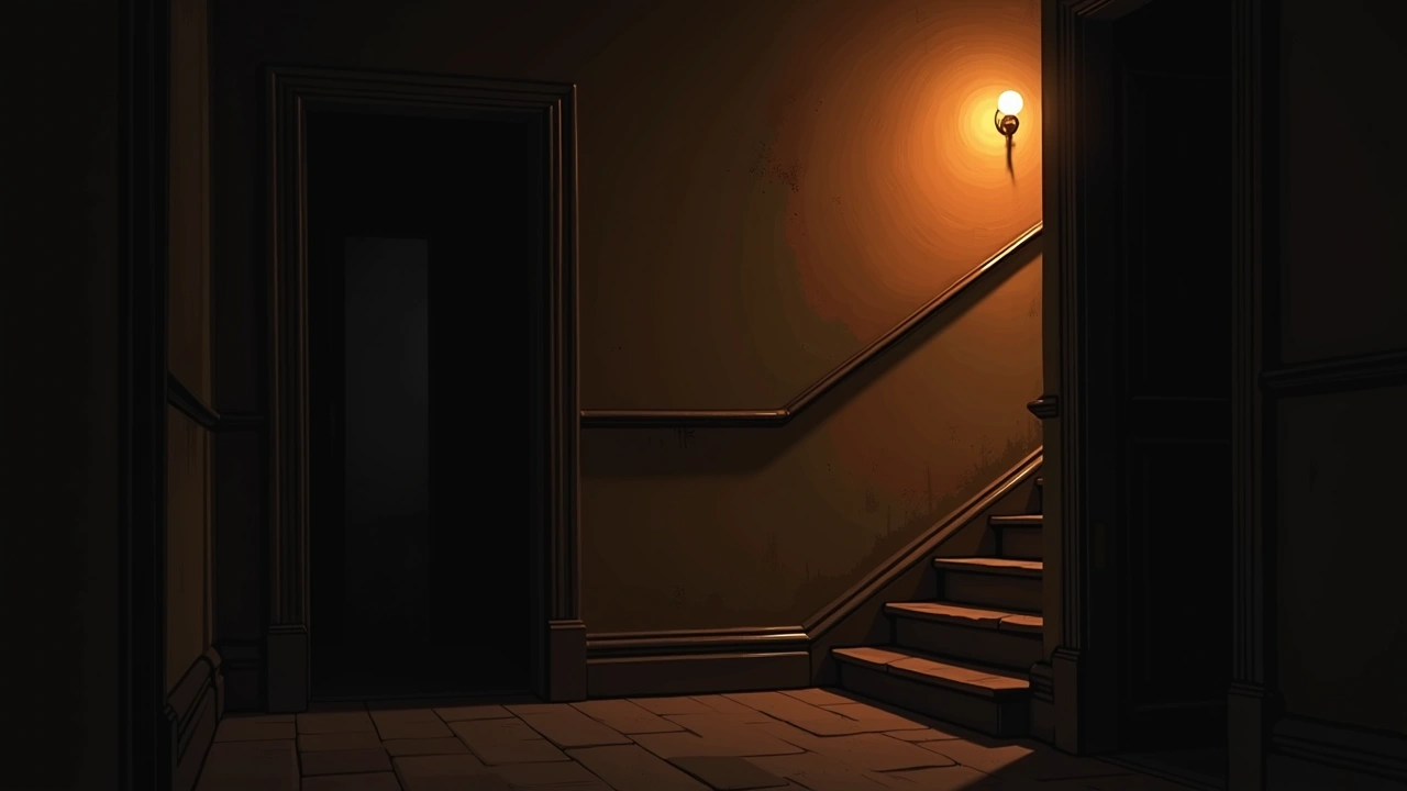 Illustration: a dark basement stairway in an old house, lit by one bare bulb.