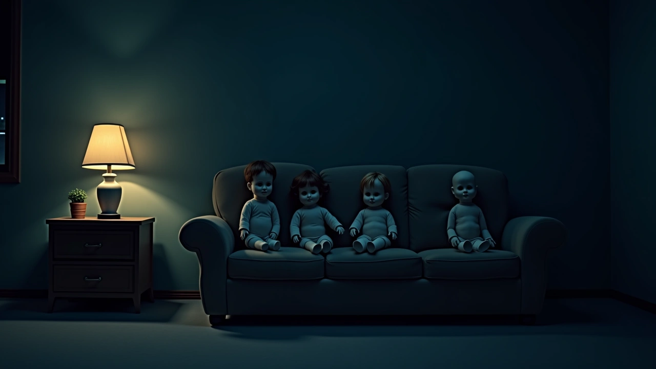 Illustration: A cozy living room at dusk, a row of old dolls seated on a shelf bathed in warm lamplight.