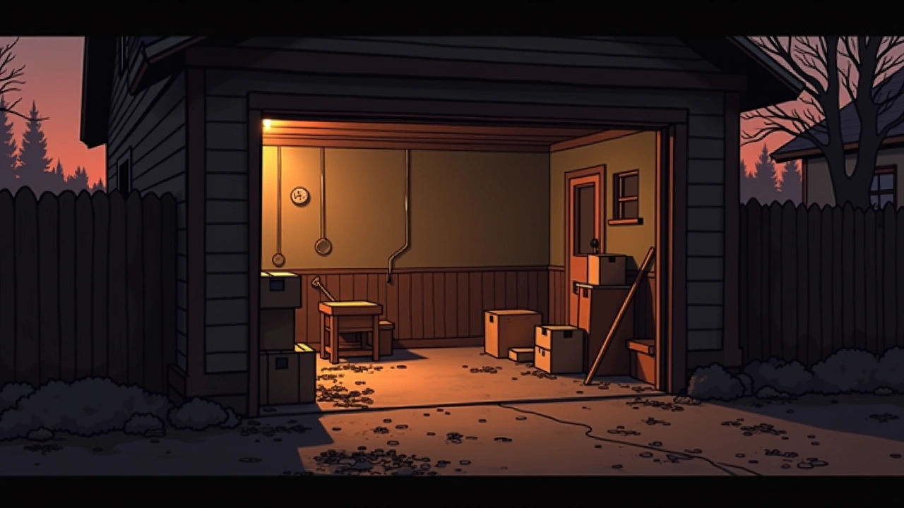Illustration: a dim garage mid-renovation in an older house, tools and boxes in shadow.
