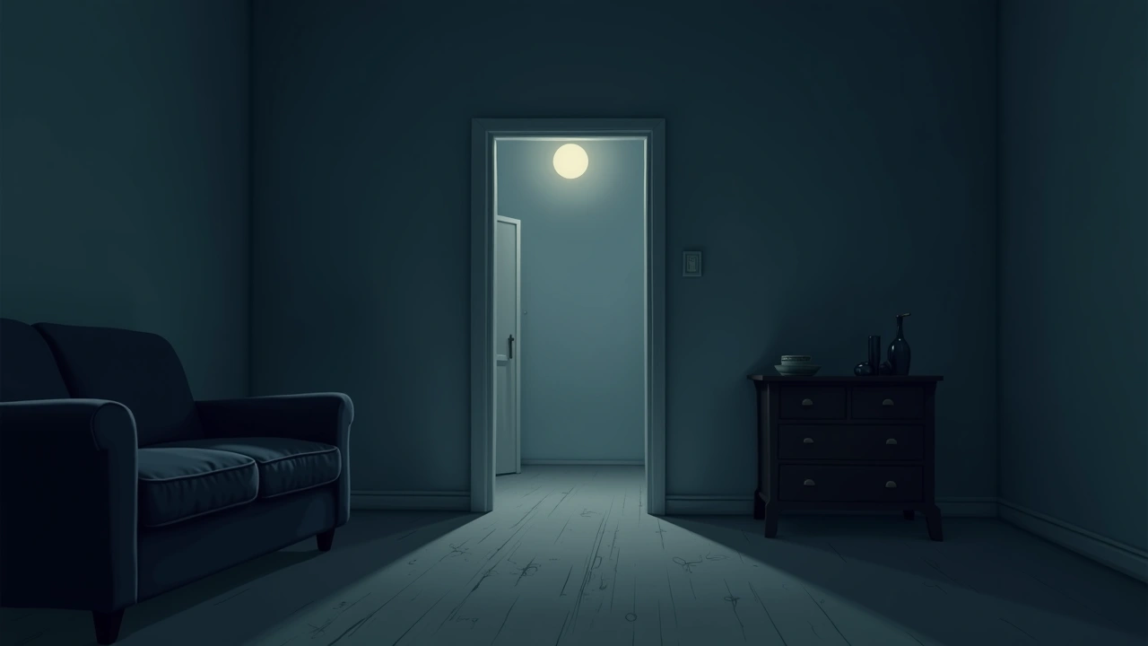 Illustration: A dim living room in an older house at night.
