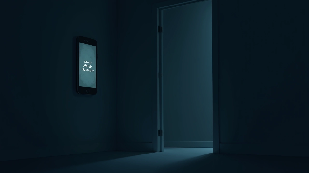 Illustration: a shadowy room at night lit only by a phone screen displaying scrolling ghost-box words.