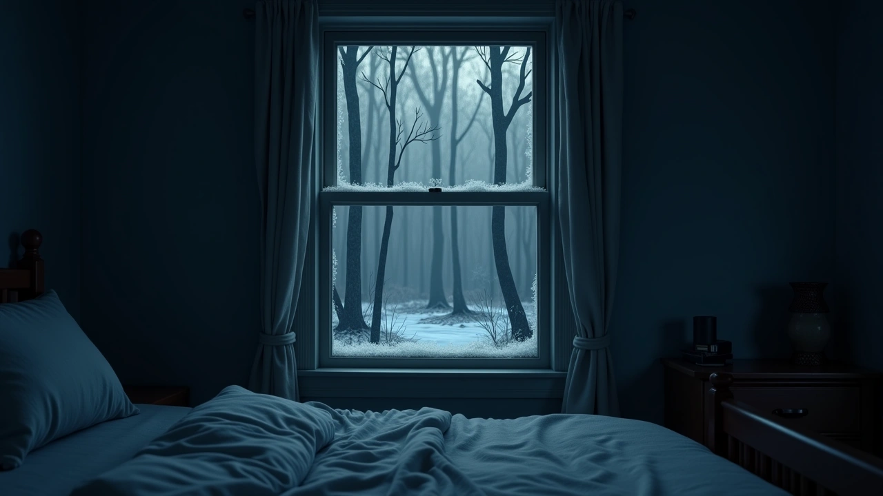 Illustration: A frost-covered window in a wooded home at night, glimpsed from a dim bedroom.