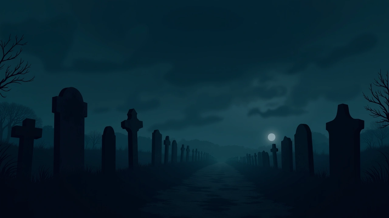 Illustration: a quiet cemetery with weathered headstones under an overcast sky.