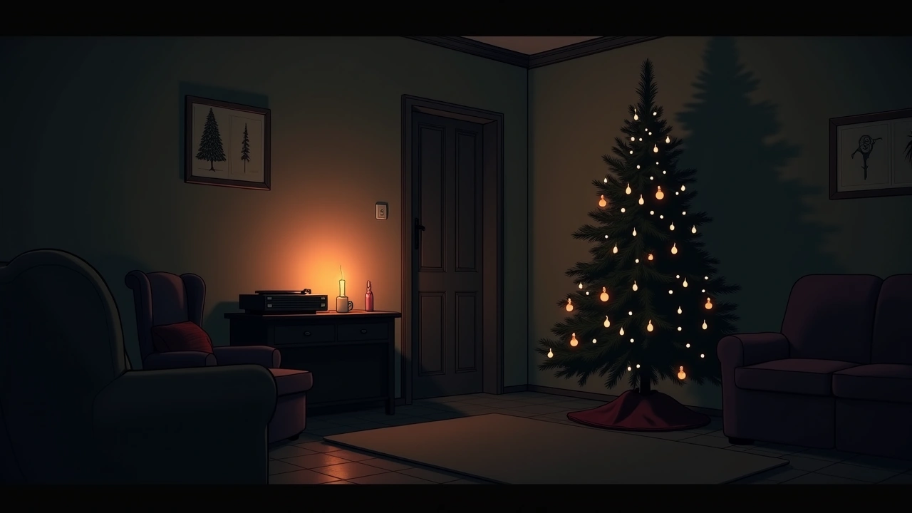 Illustration: A record player and a lit candle beside a decorated Christmas tree in a warm living room.