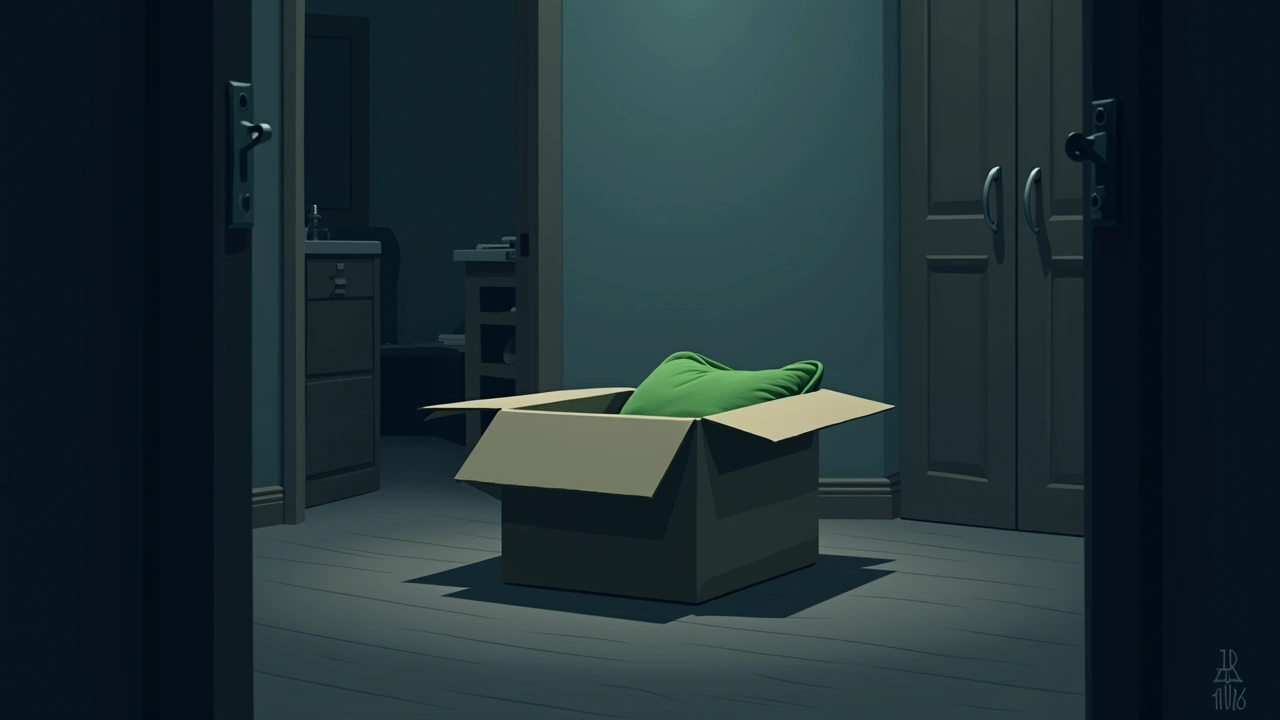 Illustration: a green cushion inside an open cardboard box in a cluttered apartment room.