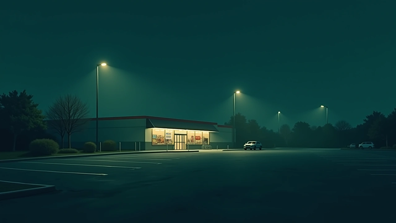 Illustration: a grocery store parking lot at night, lit by streetlights.
