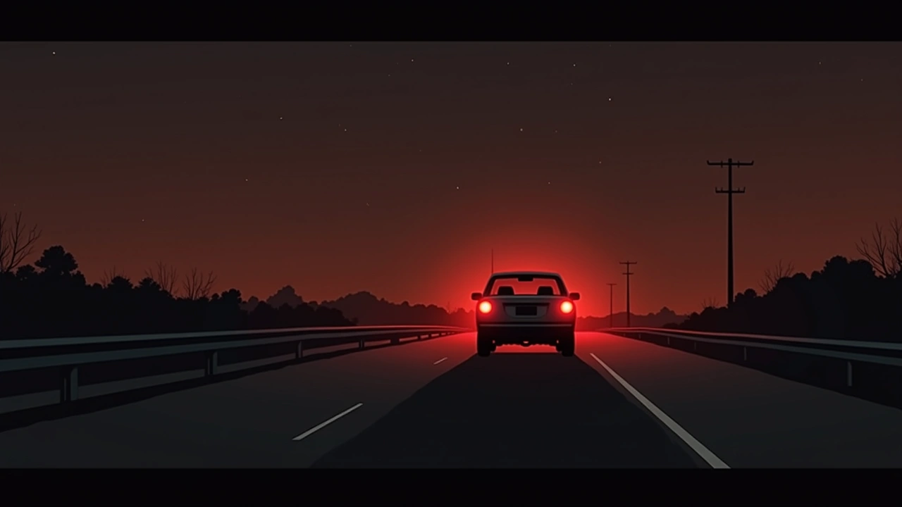 Illustration: a car dashboard glowing red at night on a freeway overpass.