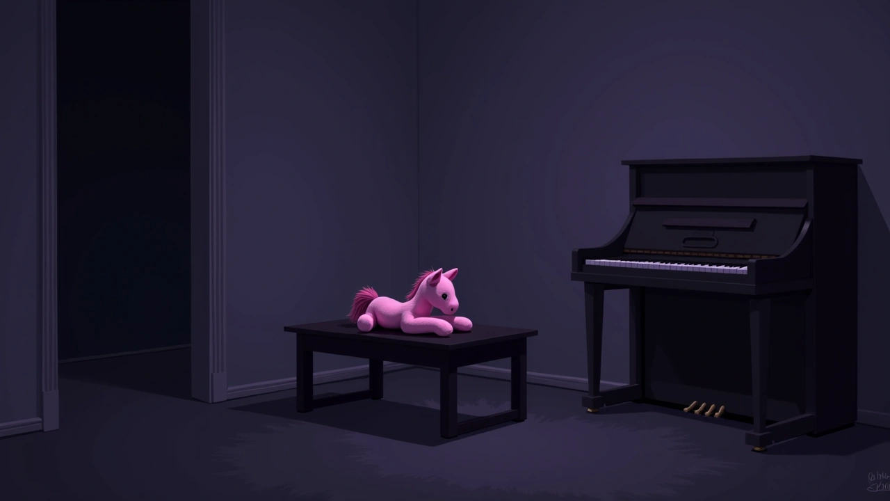 Illustration: a small pink stuffed pony toy resting on a piano bench in a living room.