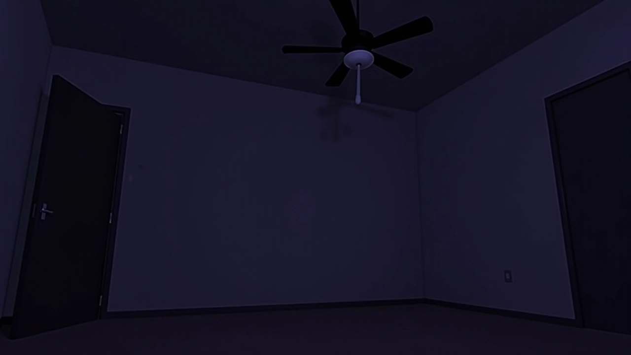 Illustration: A ceiling fan spinning slowly in a dim room.