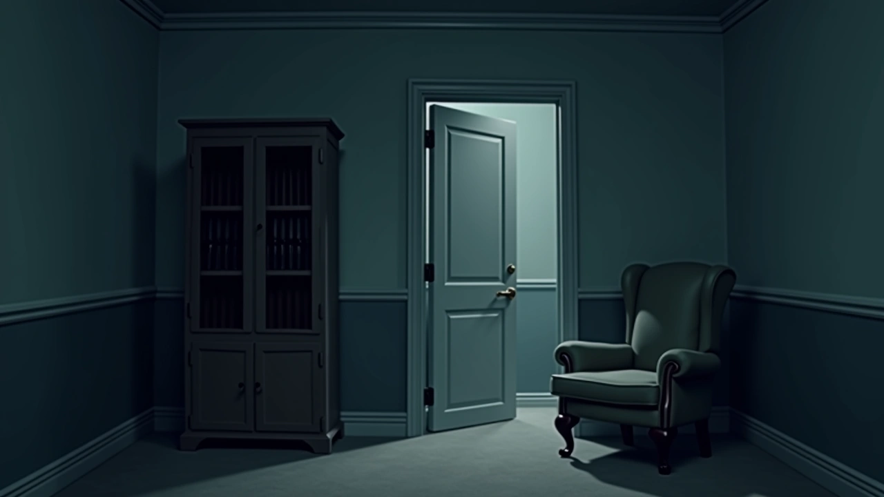 Illustration: a home office with a gun cabinet and an armchair in dim afternoon light.
