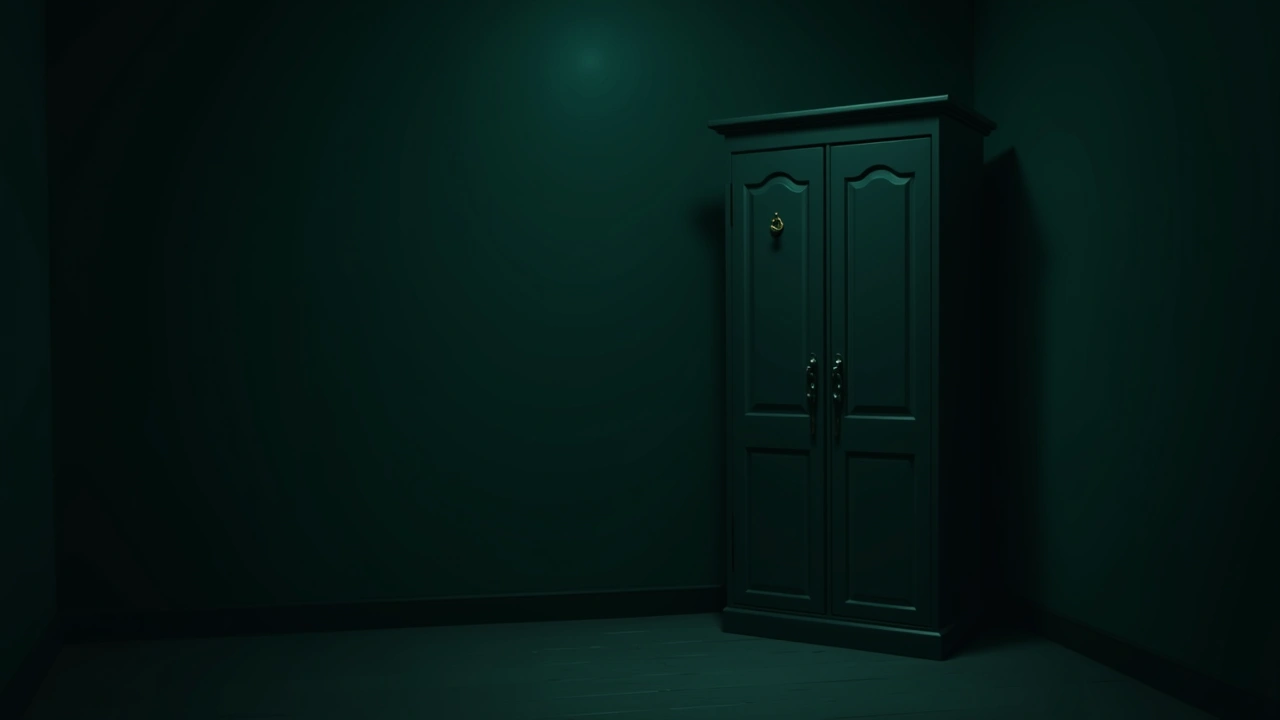 Illustration: a locked gun cabinet in the corner of a dim bedroom.