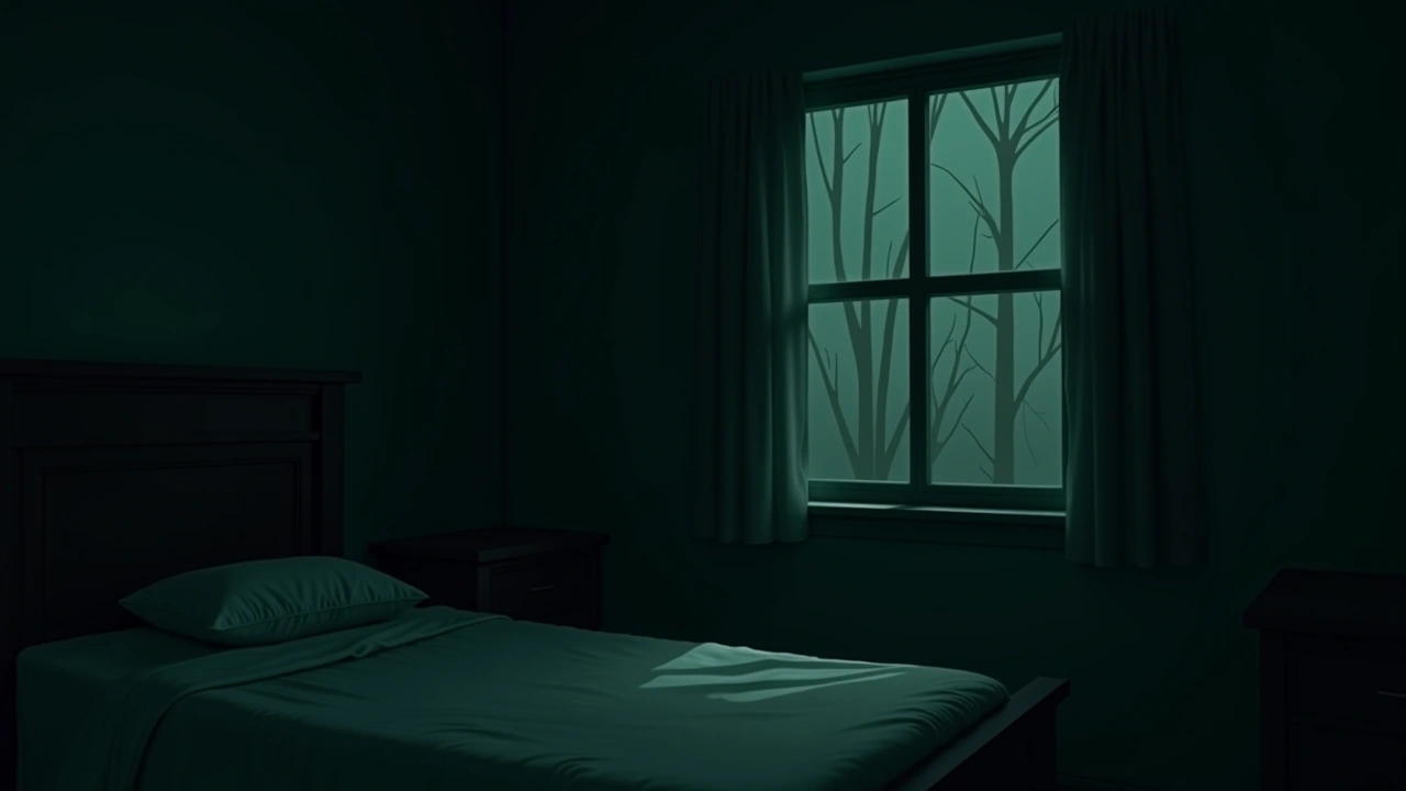 Illustration: A dim bedroom at night, a faint reflection glimpsed in a dark window pane.