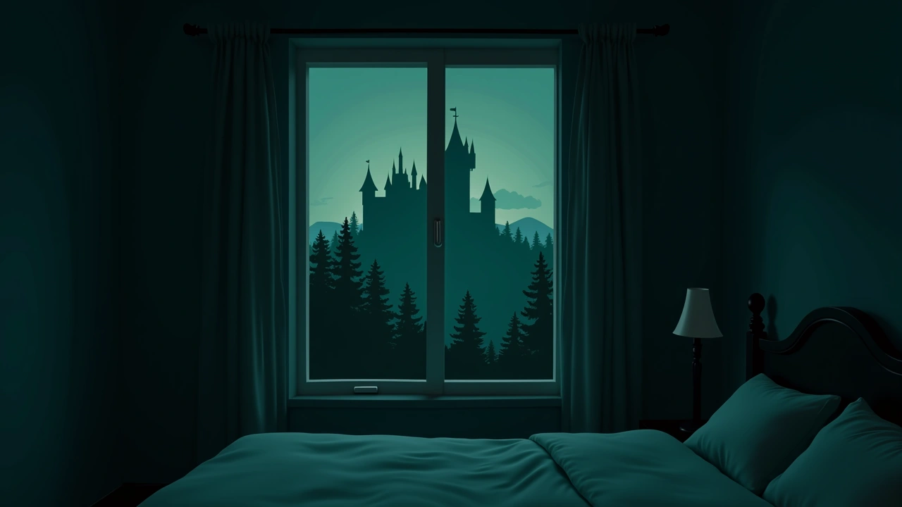Illustration: a resort hotel room at night with a fairytale castle silhouette visible through the window.