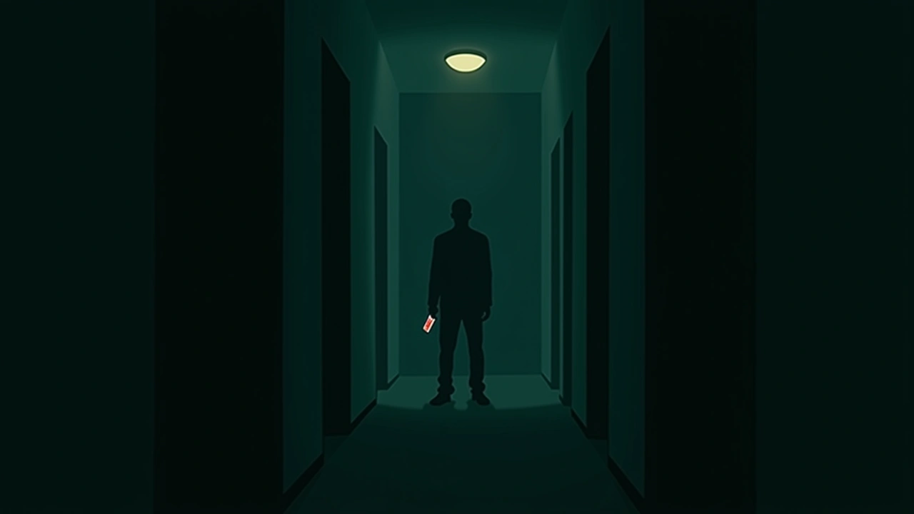 Illustration: a dim hallway in an older house, a faint colored glow from a phone screen.