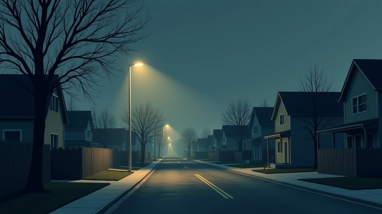 Illustration: an empty residential street at night under a streetlamp, houses across the way.