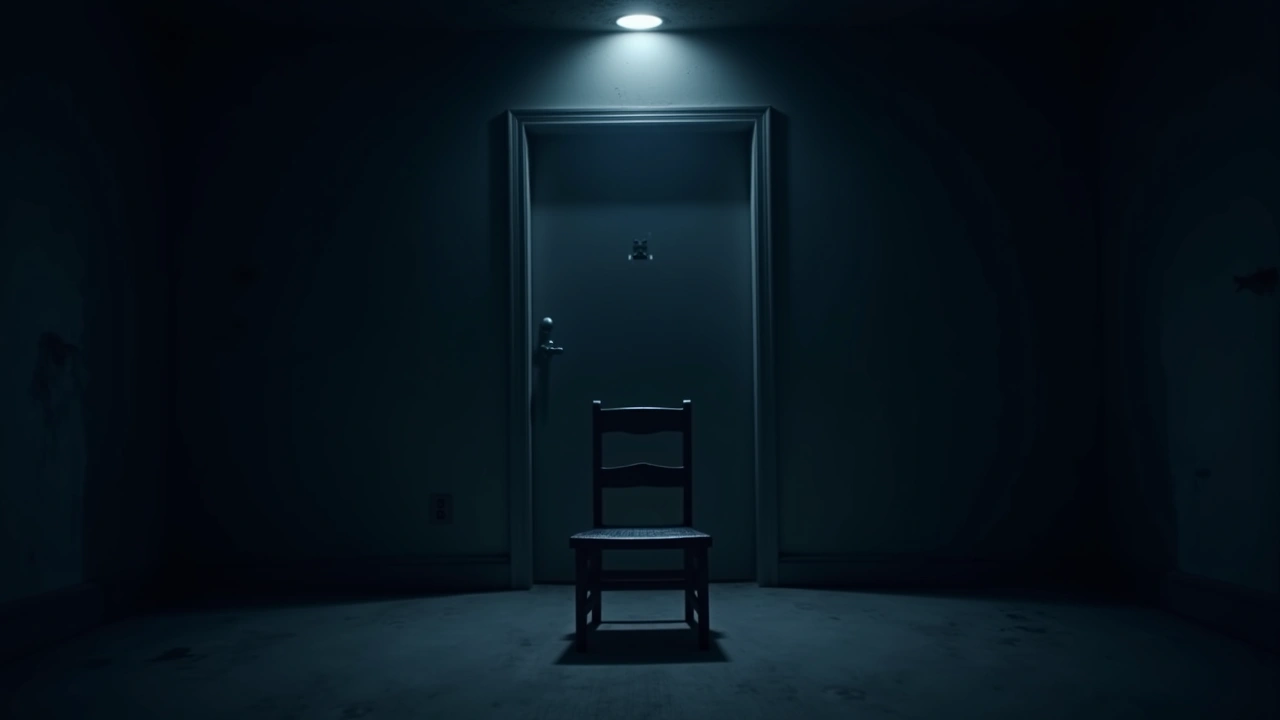 Illustration: an old steel chair standing alone under a single light in an abandoned farmhouse room.
