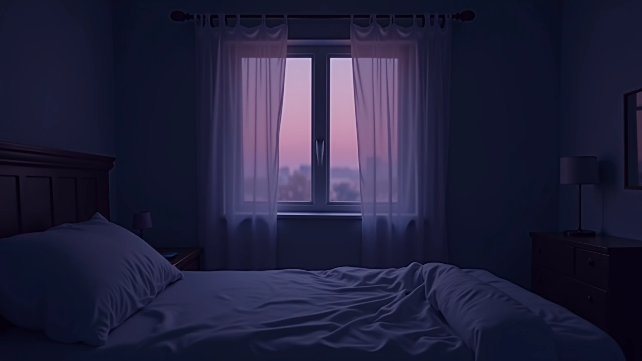 Illustration: a quiet bedroom window at dusk with curtains gently stirring.