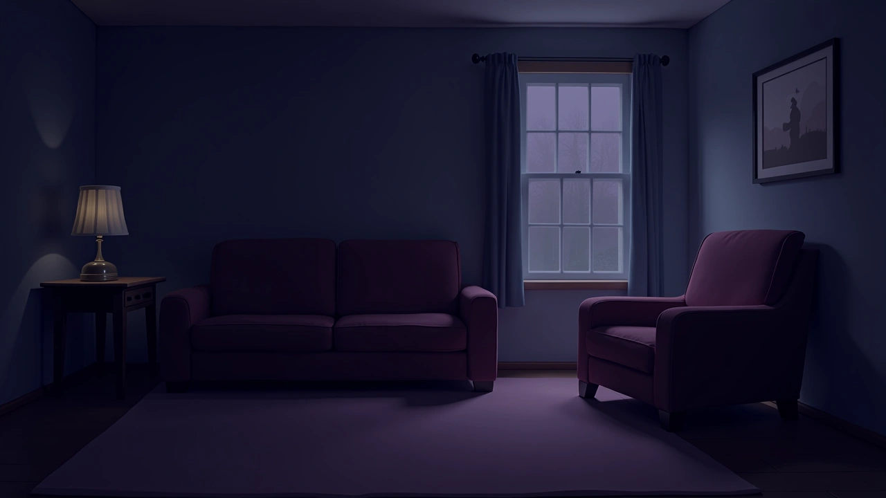 Illustration: a quiet living room at a grandparent's house in the evening, a phone glowing softly on a side table.