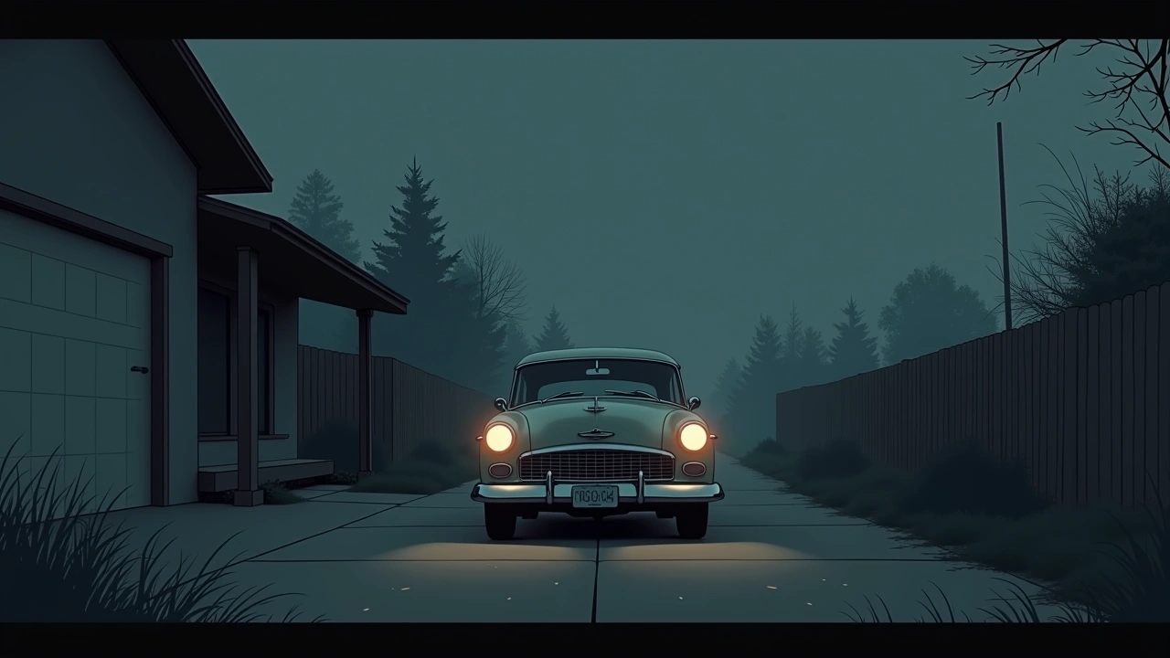 Illustration: A vintage car parked in a quiet driveway at dusk, headlights glowing softly.