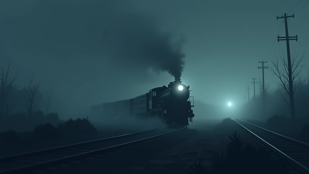 Illustration: a vintage steam train silhouette passing through a foggy rail yard at dusk.
