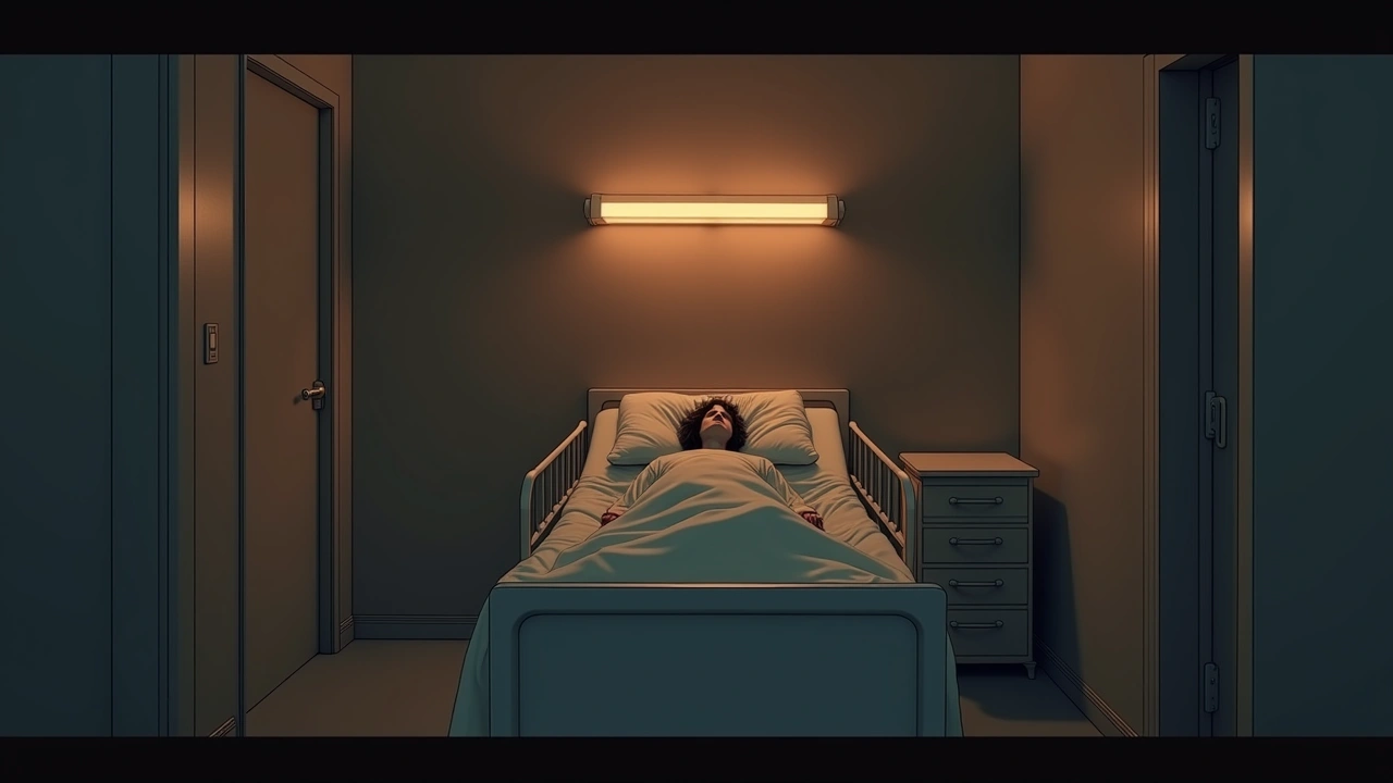 Illustration: an empty hospital room at night, the bed stripped and still.