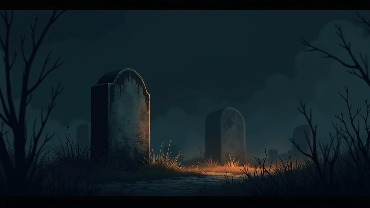 Illustration: an old weathered headstone in a quiet, overgrown graveyard.
