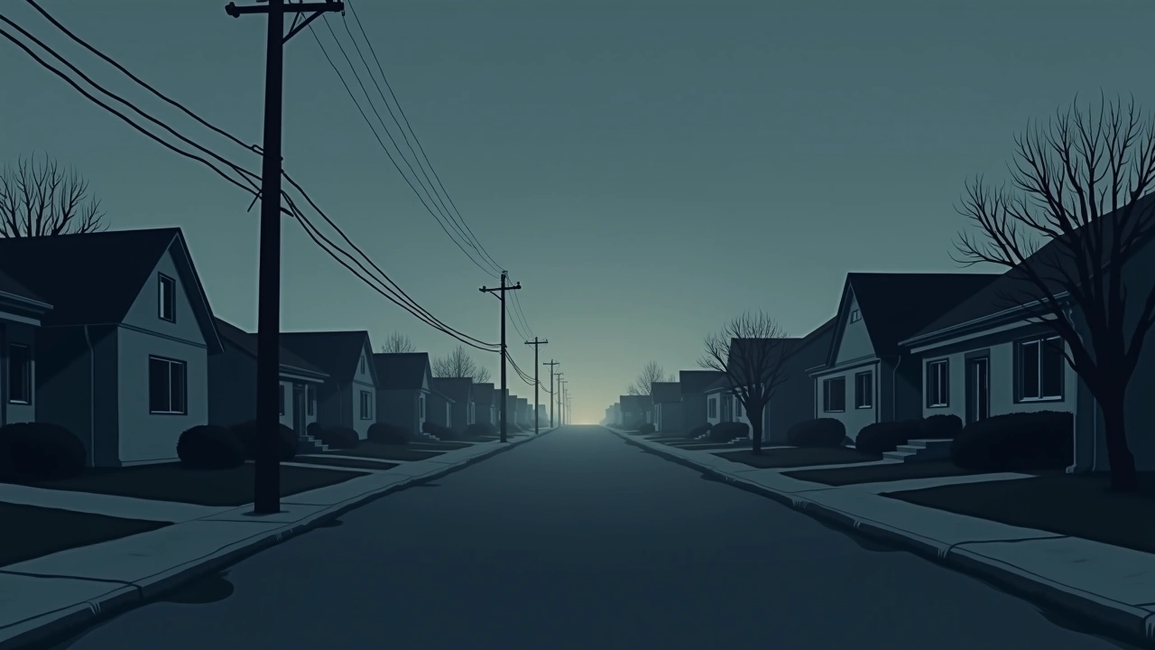 Illustration: a quiet suburban neighborhood street at dusk.