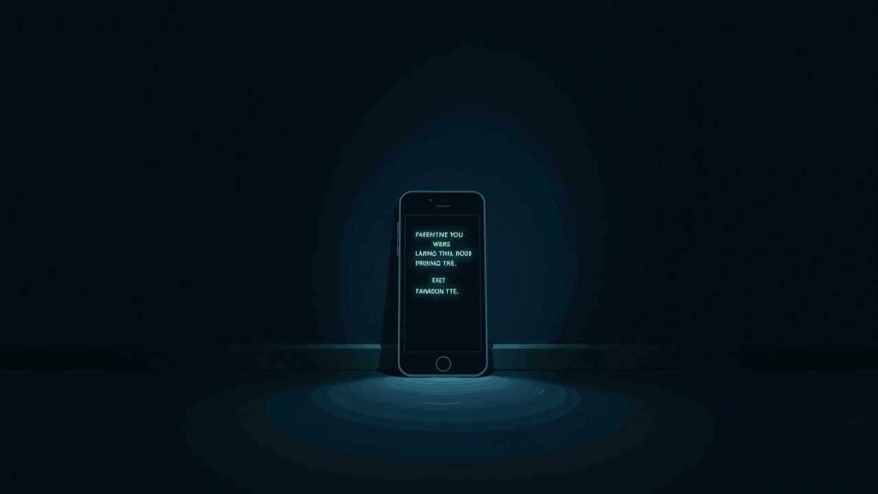 Illustration: a smartphone screen glowing with eerie text in a dim, quiet room.
