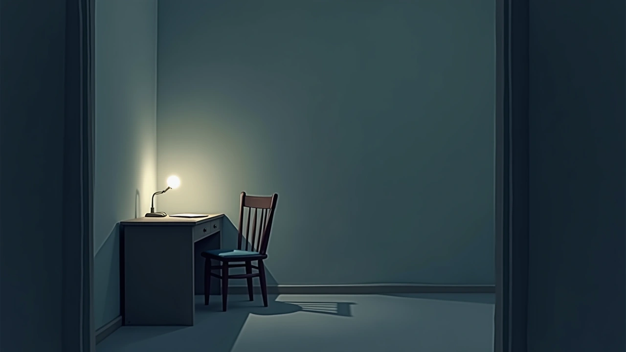 Illustration: a desk chair beside a quiet bedroom desk at night.