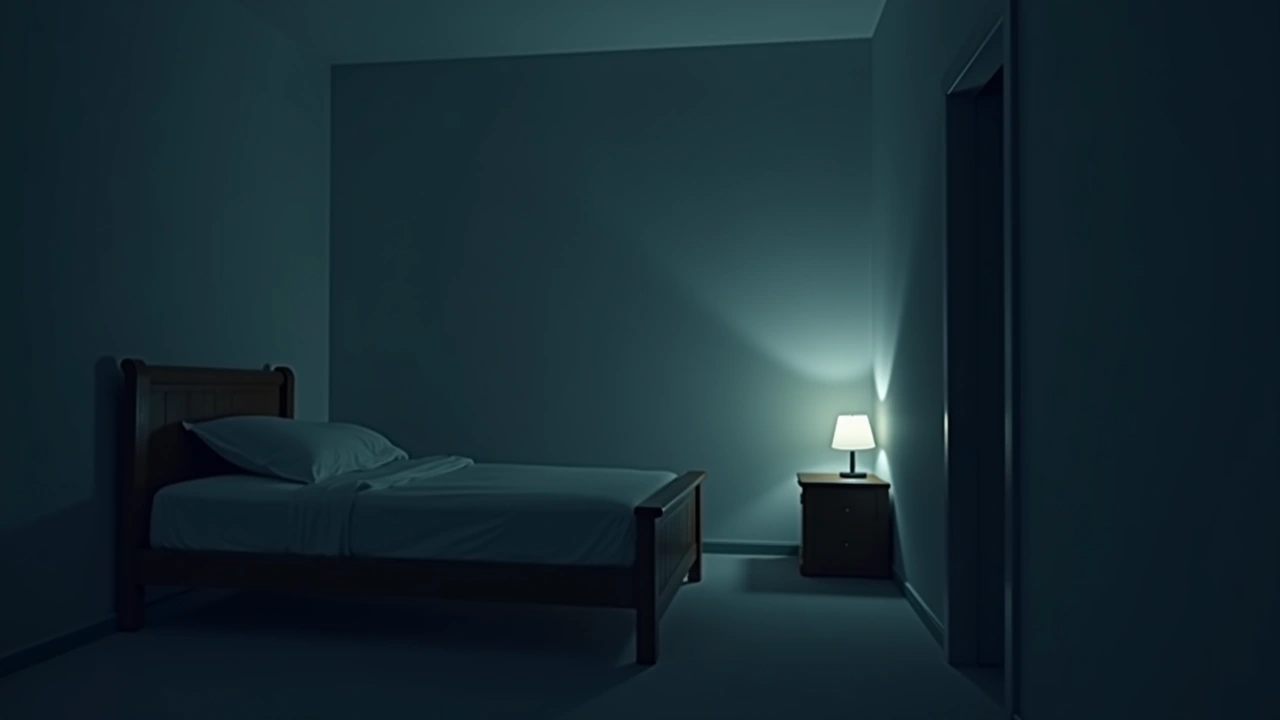 Illustration: a dim bedroom at night with a glowing device meter spiking to full signal.