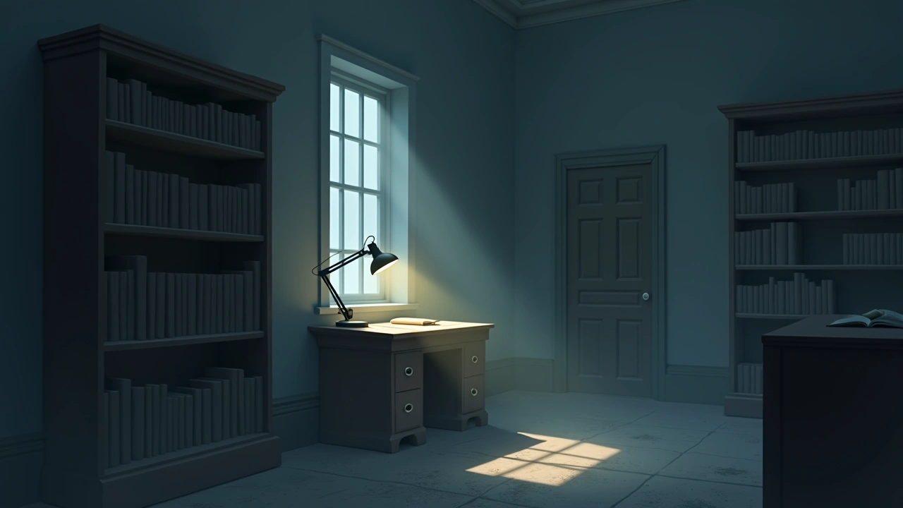 Illustration: An old dusty study with a single desk lamp casting long shadows across bookshelves.