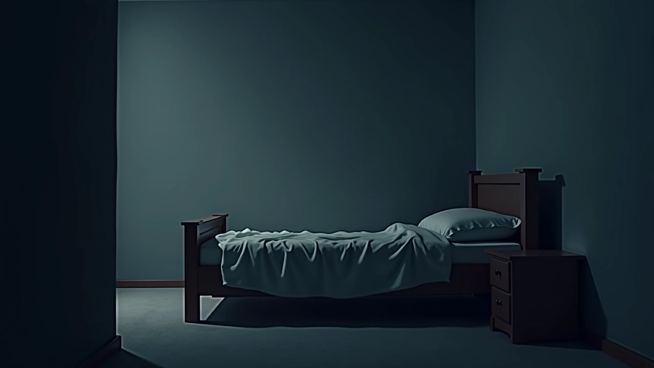 Illustration: a dim bedroom at night with a blanket pulled over the edge of a bed, shadows deepening in the corners.