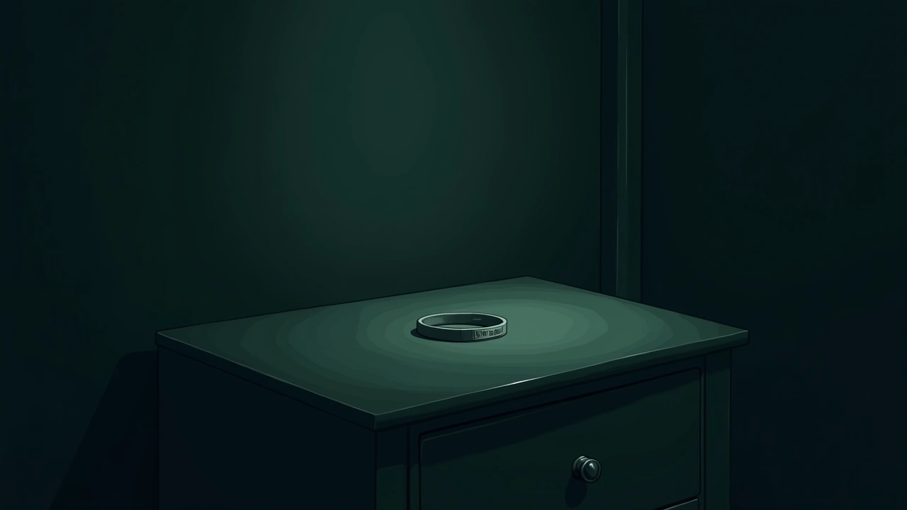 Illustration: a small hospital ID bracelet resting alone on a nightstand in a dim room.