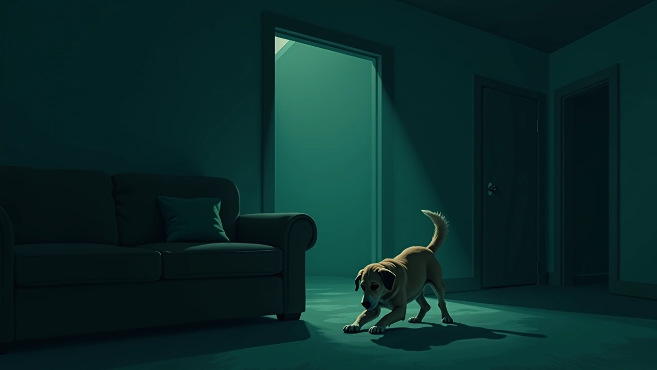 Illustration: a dog licking its paw on a living room floor.