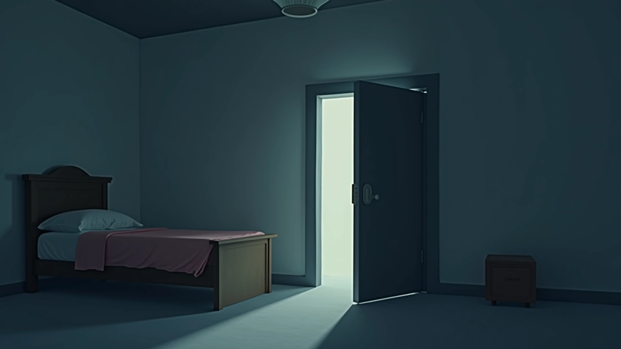 Illustration: a child's bedroom softly lit at night, a doorway just ajar.