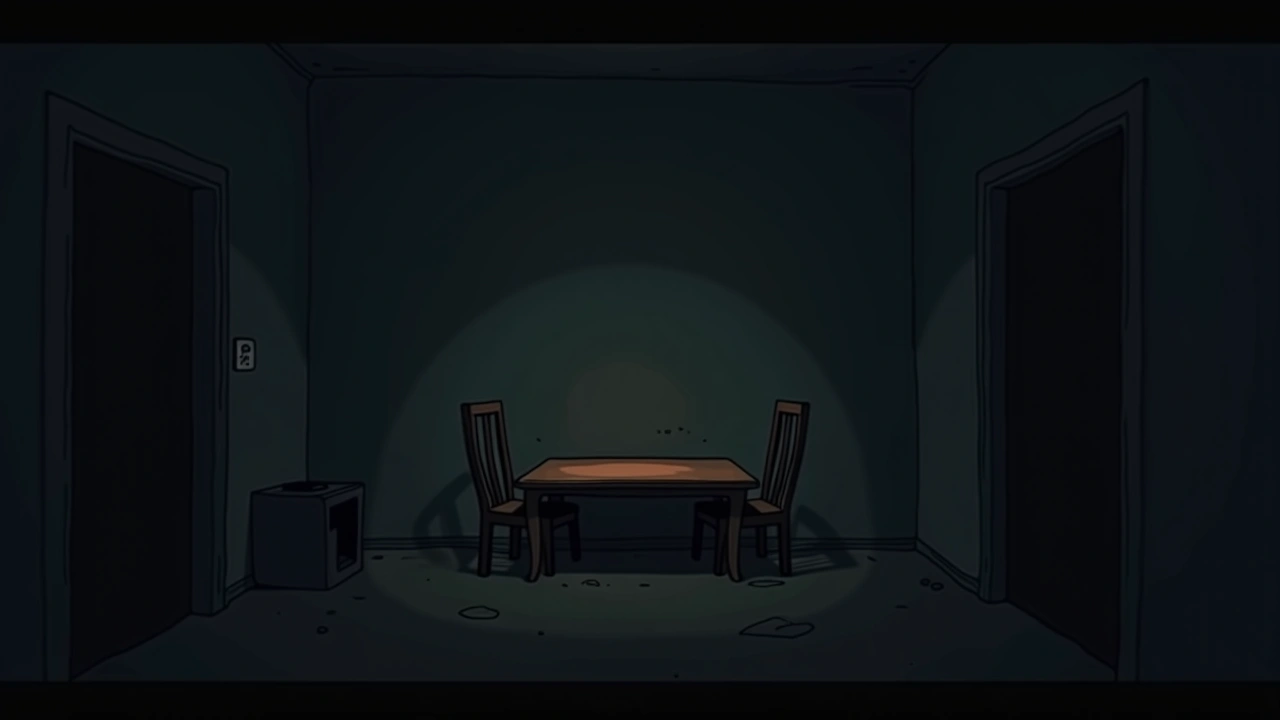 Illustration: A dim living room with an empty table, viewed from a low angle at night.
