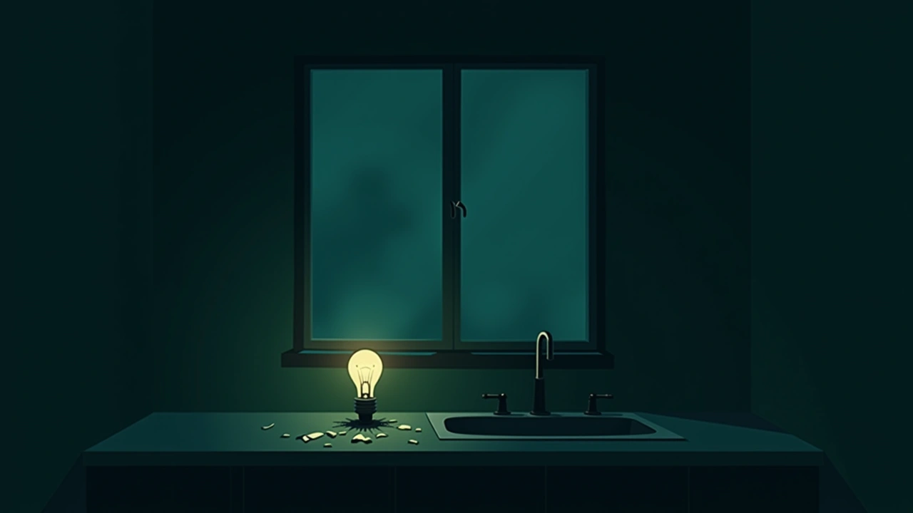 Illustration: A dark window at night reflecting faint light, with a shattered light bulb on a kitchen counter nearby.