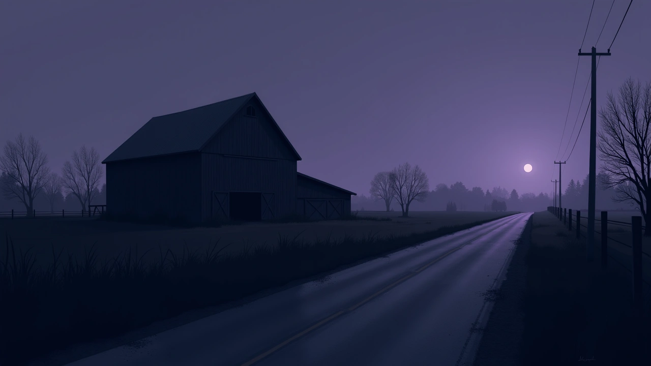 Illustration: a rural barn beside a quiet country road at dusk.