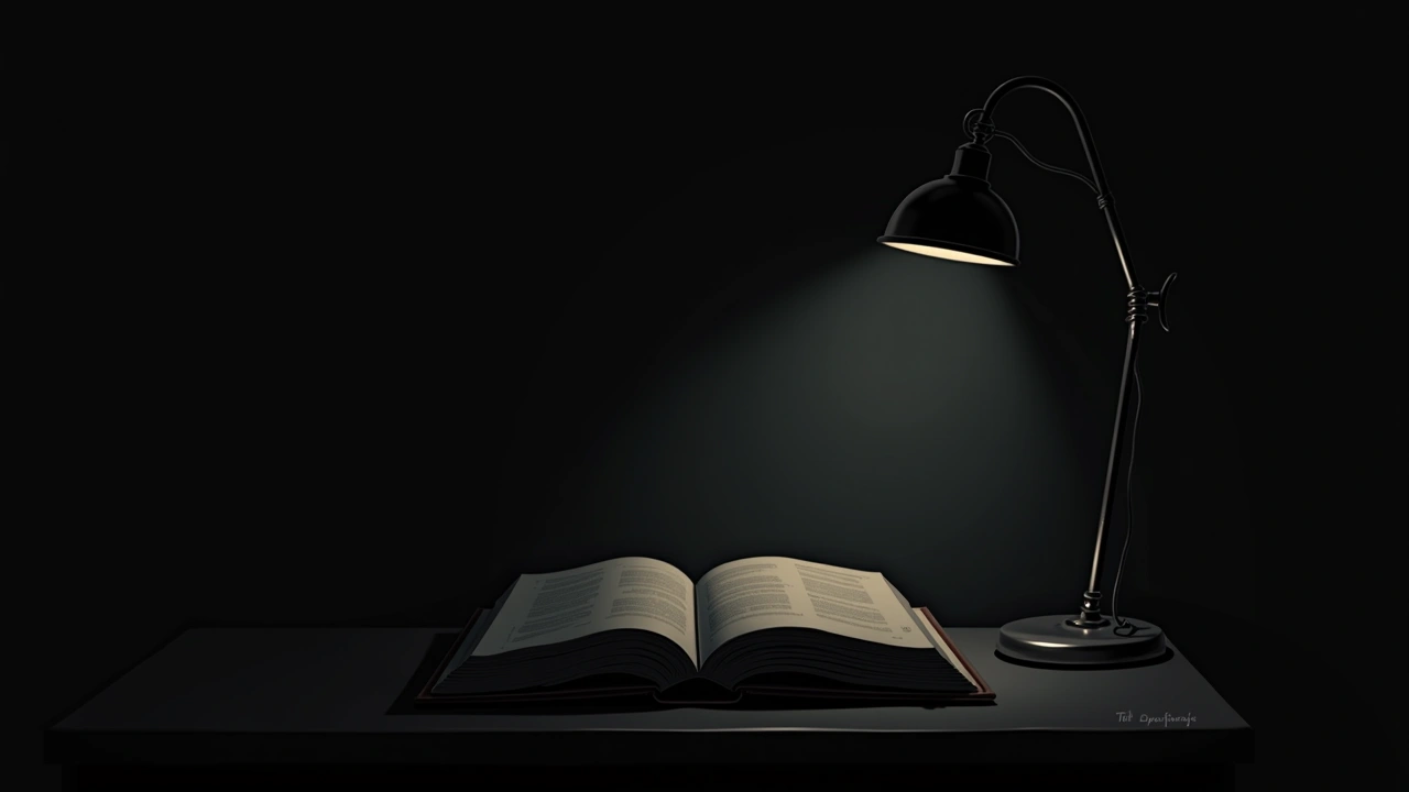 Illustration: a worn black book lying open on a nightstand under dim lamplight.