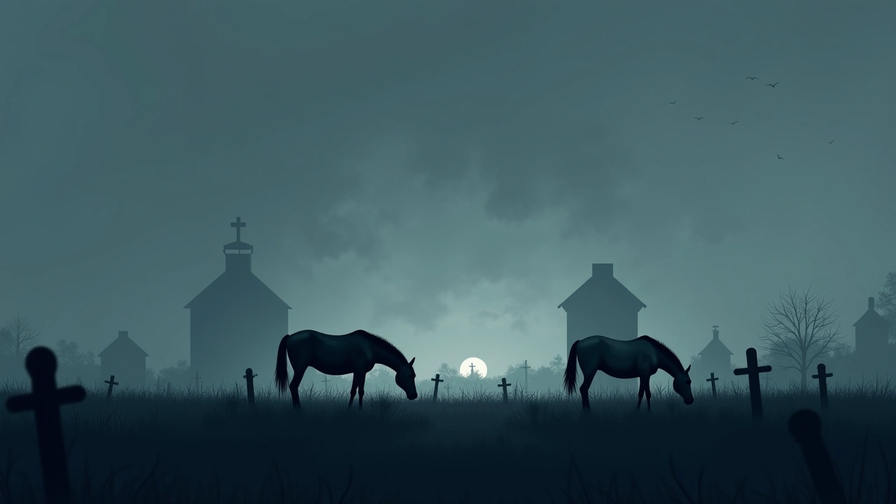 Illustration: horses grazing in a field behind an old cemetery at dusk.