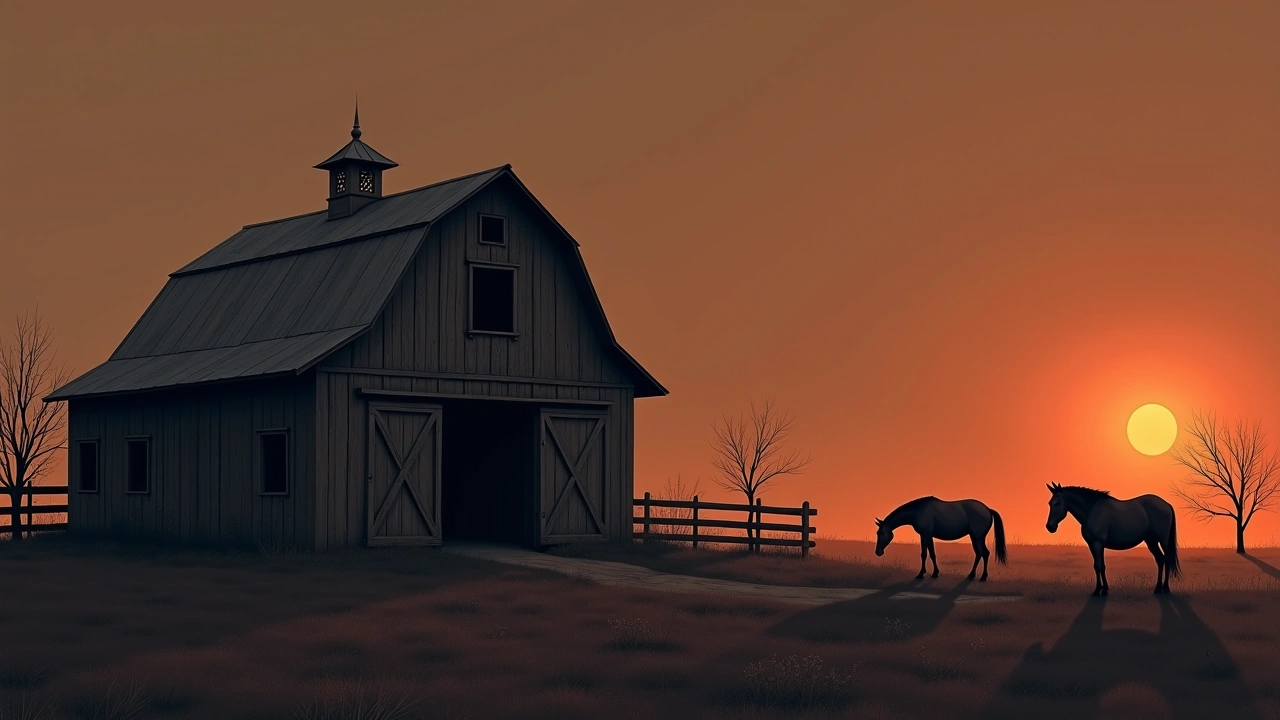 Illustration: a weathered wooden barn on a horse farm at dusk, horses grazing nearby.