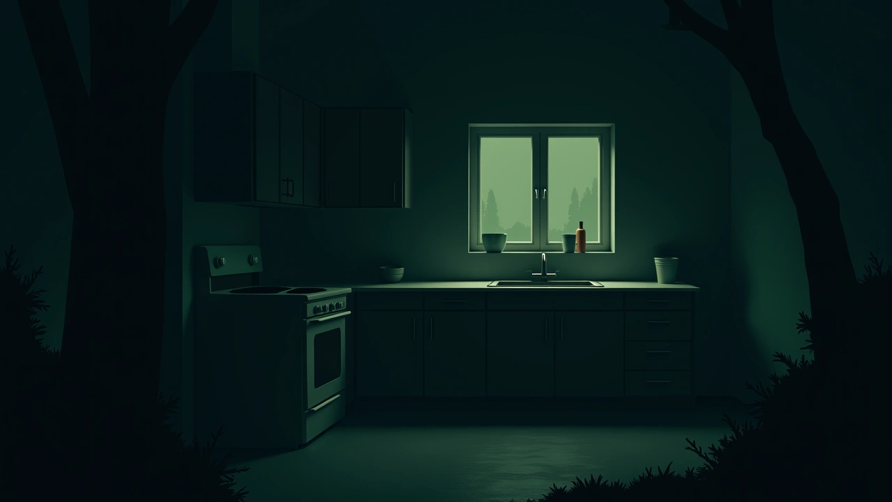 Illustration: a small home kitchen at night lit only by a window.