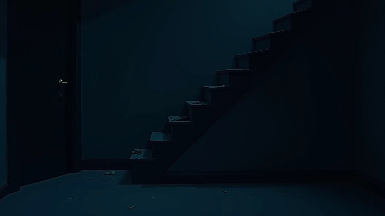 Illustration: a dim staircase inside a house at night, shadows gathered near the top step.