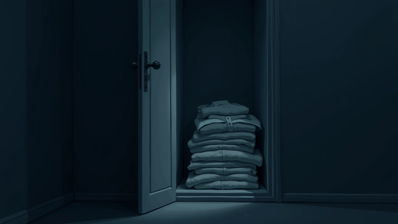 Illustration: a bedroom closet at night, folded shirts stacked in dim light.