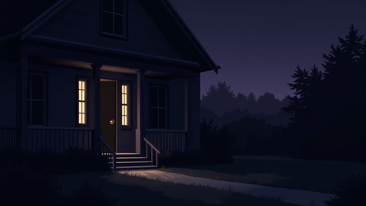 Illustration: a house exterior at night, a porch door left ajar.