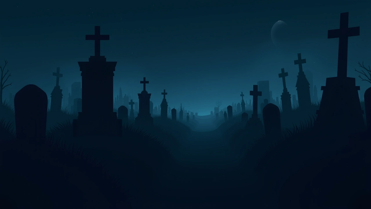 Illustration: A dark cemetery at night, rows of shadowy gravestones stretching into the distance.