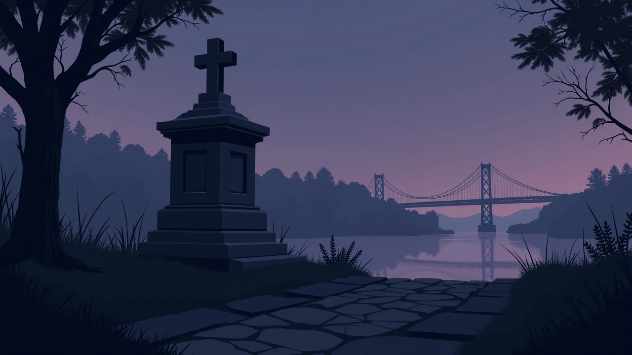 Illustration: an old stone memorial at dusk, with a bridge visible in the distance.