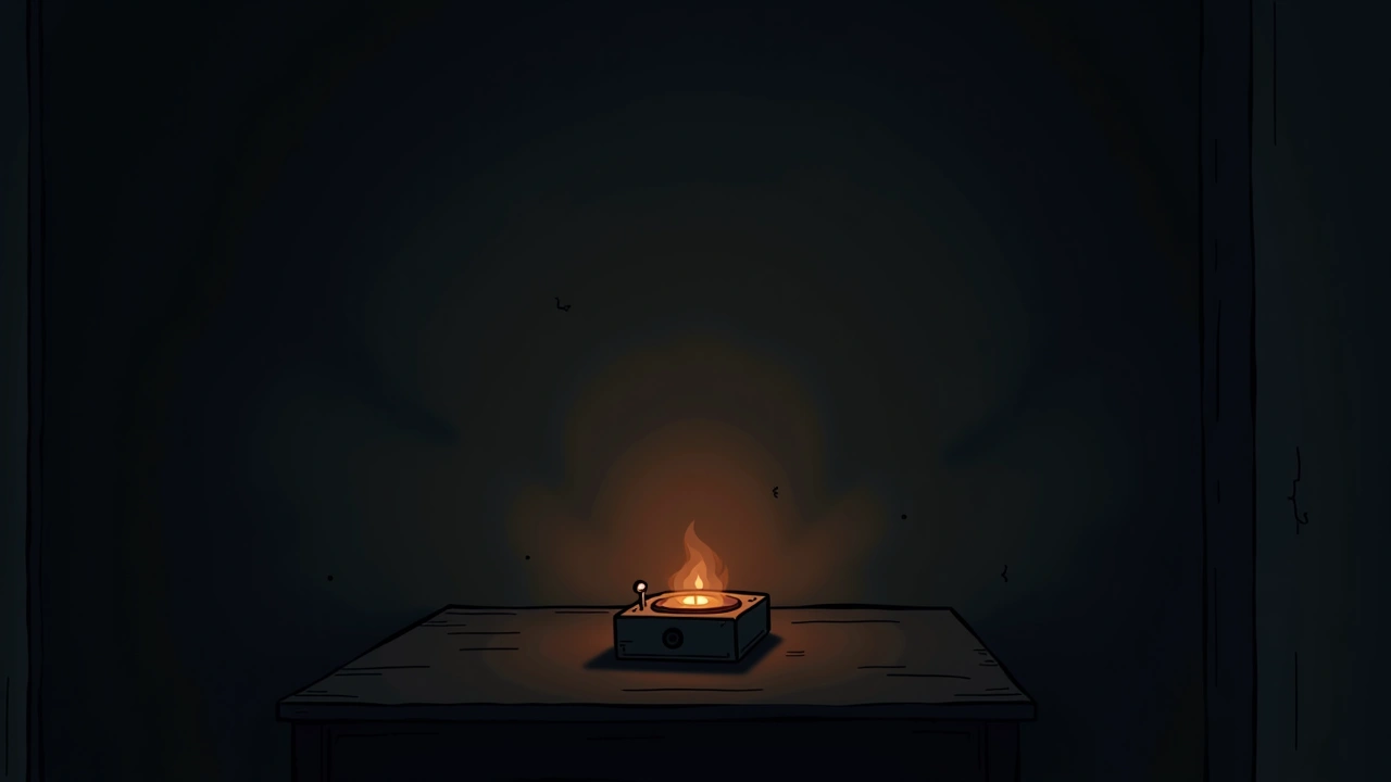 Illustration: a small handheld spirit box device glowing on a table in a dim, quiet room at night.