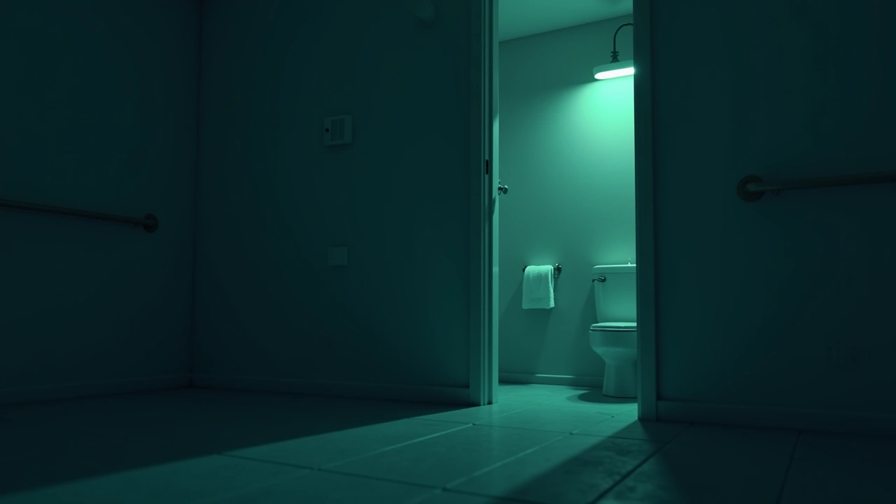 Illustration: a quiet bathroom in a duplex home, dimly lit at night.